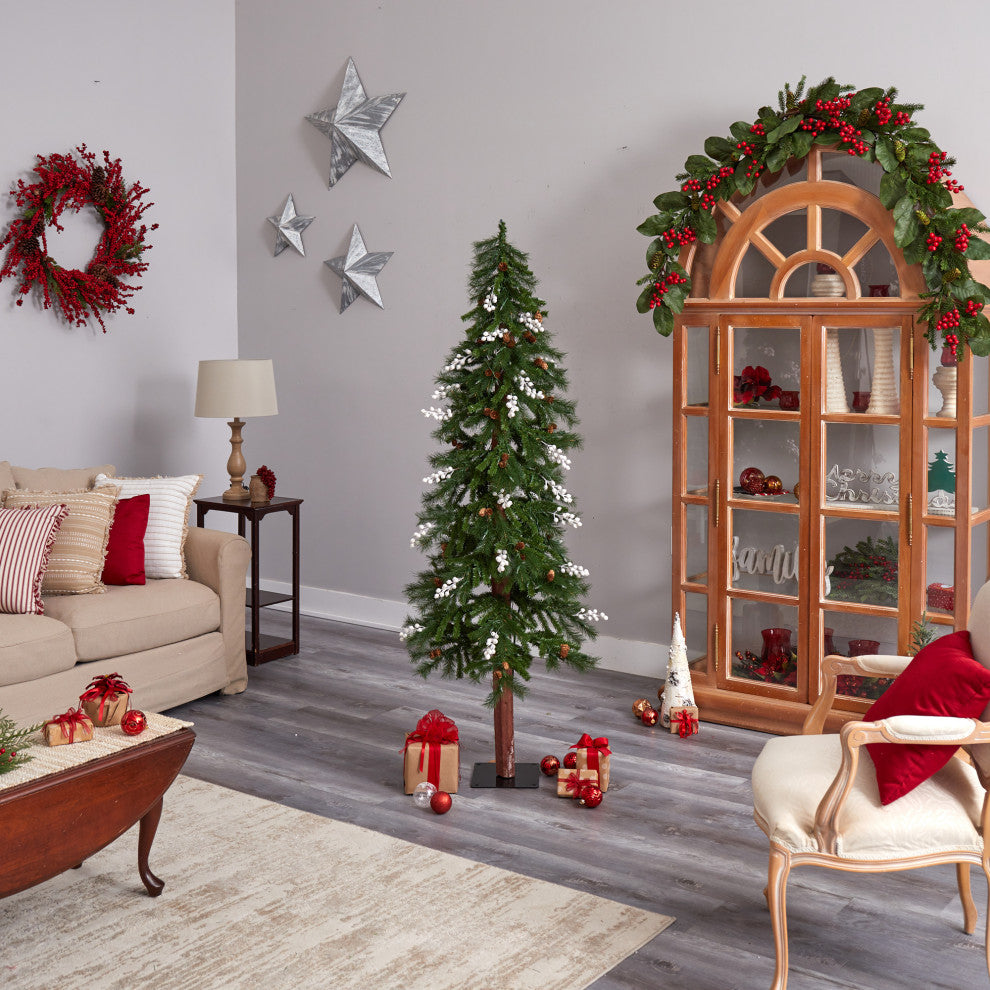 6' Alpine Faux Xmas Tree With Pinecones, Berries and 200 White Warm LED Lights