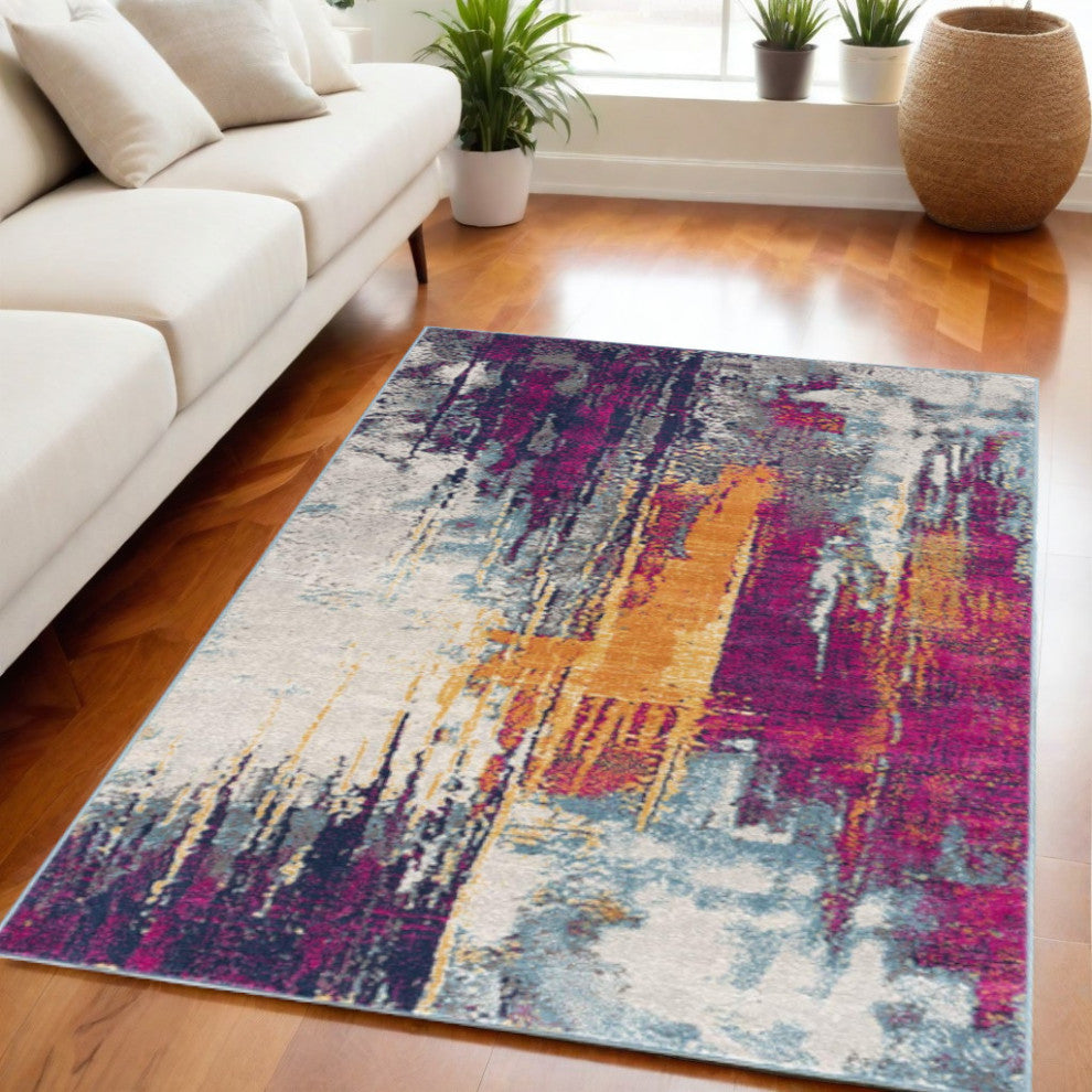5'x7' Gray Ivory And Magenta Abstract Area Rug