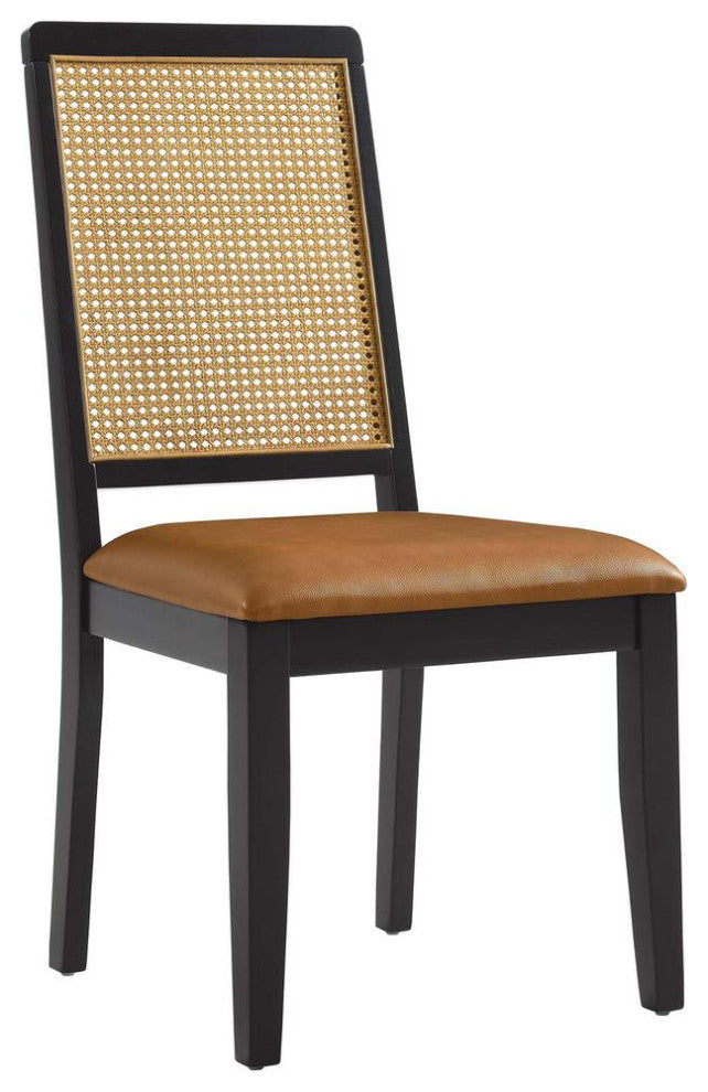 Vegan Leather Upholstered Faux Rattan and Wood Dining Side Chairs - Set of 2