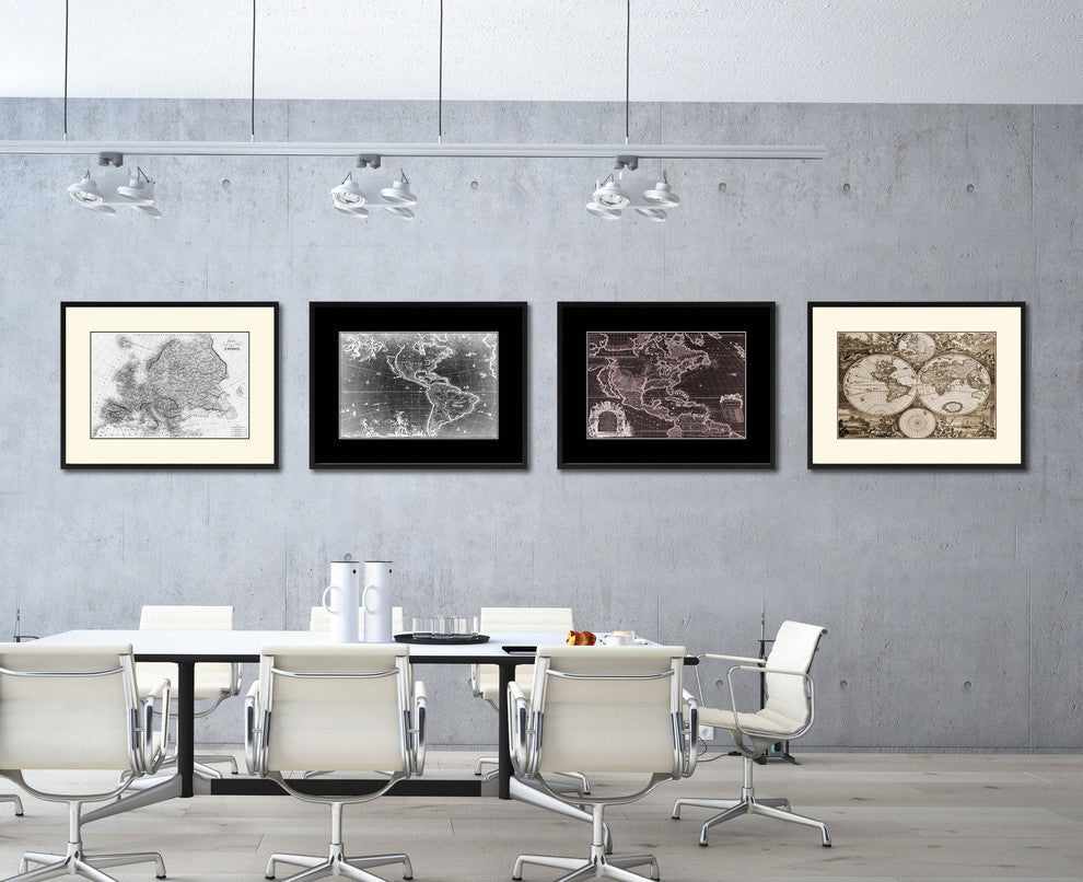 Europe Vintage Map Print On Canvas With Black Custom Frame, 16" X 21"