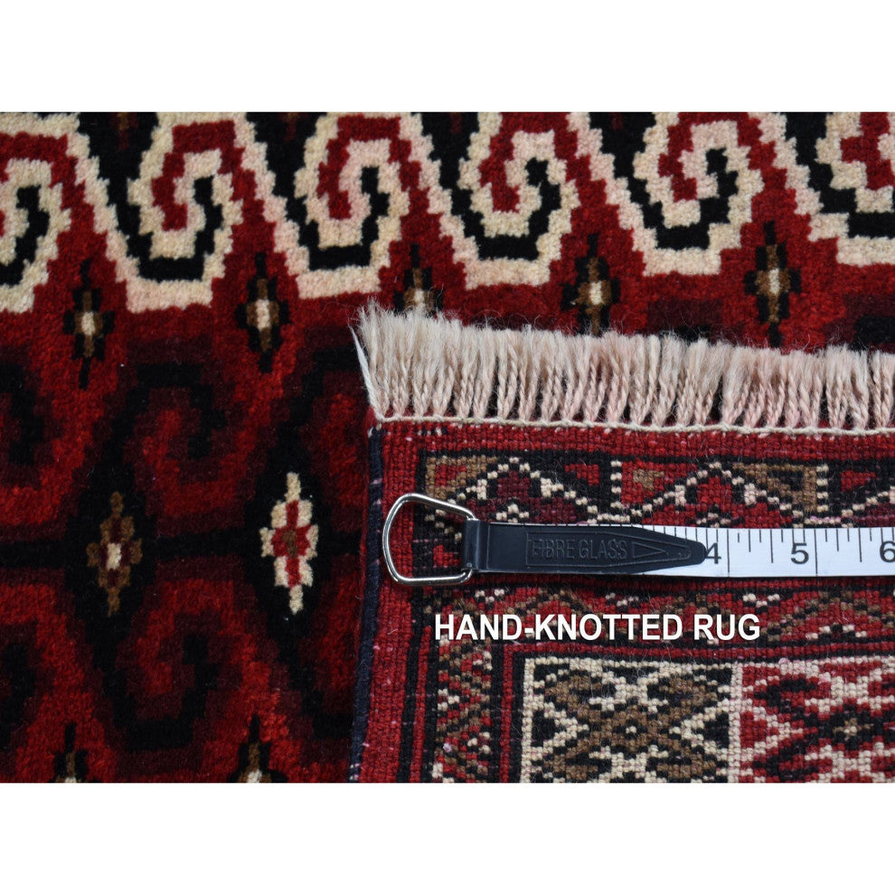 Maroon Red Turkoman Repetitive Design Pure Wool Hand Knotted Rug 3'2" x 4'1"