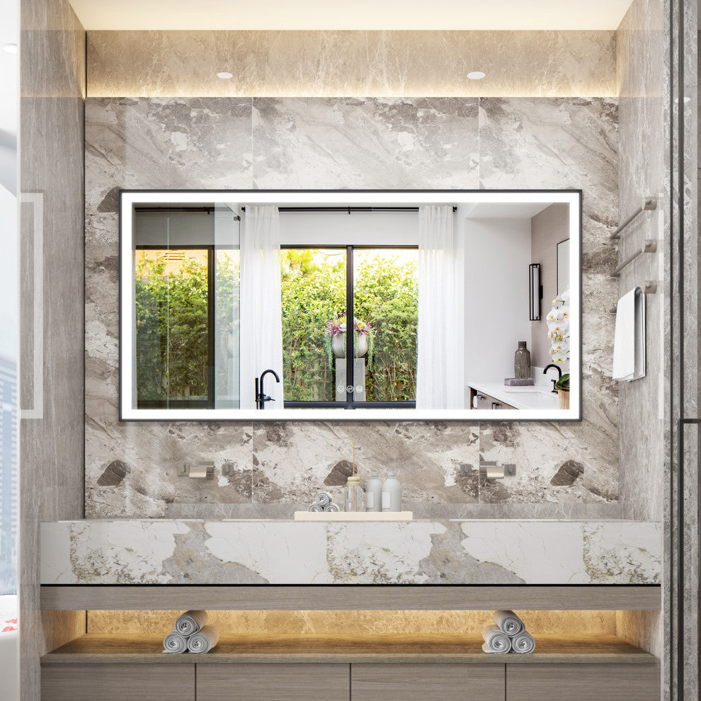 Framed LED Mirror, Dimmer, Defogger, Color Temperature, Matte Black, 72"x36"