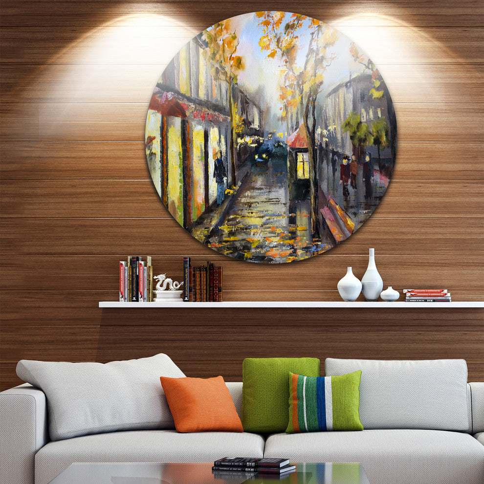 City In Yellow Shade, Modern Cityscape Disc Metal Wall Art, 36"