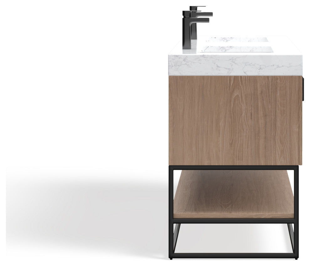 Bahia Bath Vanity, Oak, 60", Matte Black Hardware, Double, Freestanding