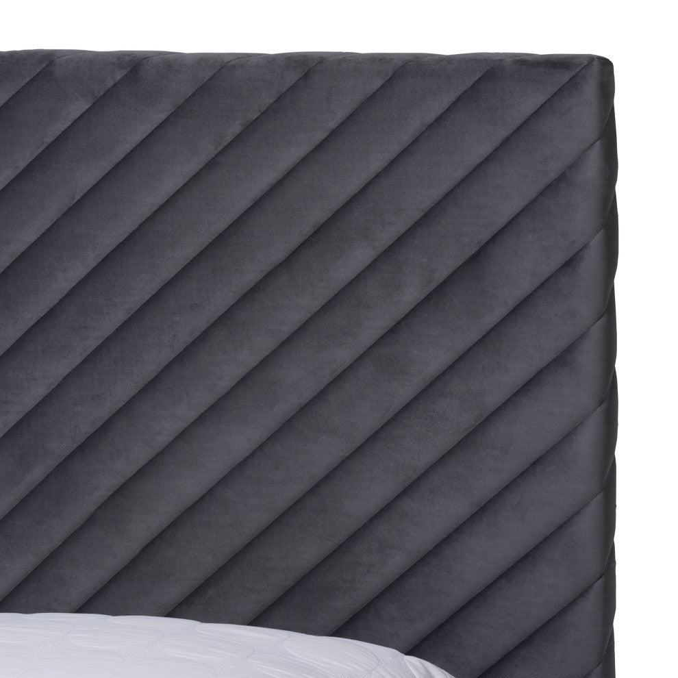 Sofi Glam and Luxe Velvet Upholstered Platform Bed, Gray/Gold, Queen