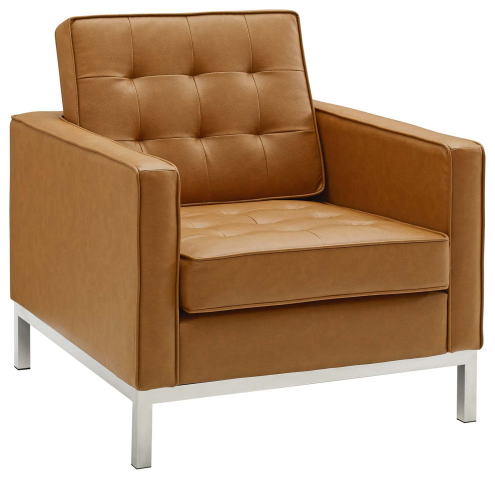Loft Tufted Upholstered Faux Leather Sofa and Armchair Set Silver Tan