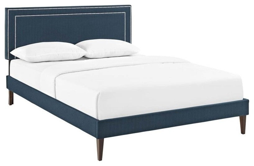 Jessamine Queen Fabric Platform Bed With Squared Tapered Legs, Azure