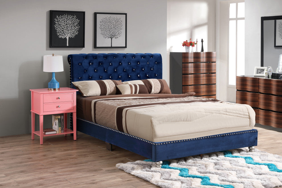 Princeton Tufted Upholstered Suede Bed, Cobalt Blue, Full