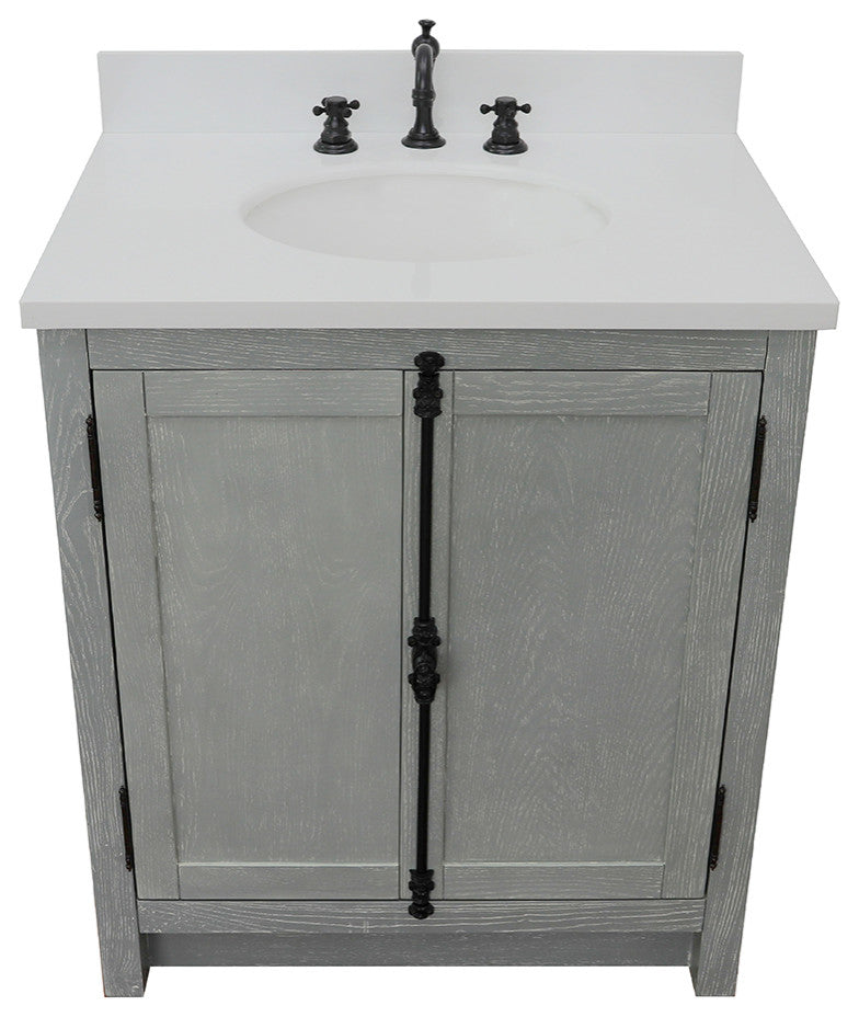 30" Single Vanity, Gray Ash, White Engineered Stone Top, Oval Sink