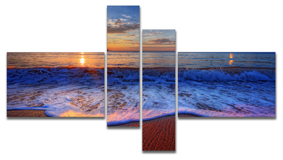 Blue Waves on Sandy Beach, Seashore Canvas Art Print, 60"x32", 4 panels