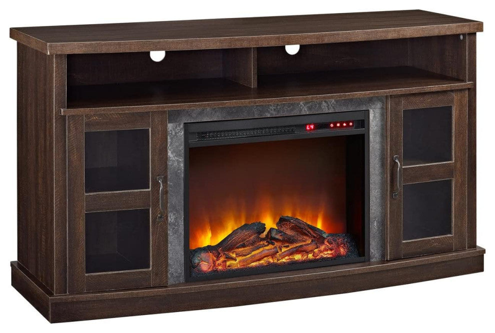 Transitional TV Stand, Fireplace With Faux Stone Surrounding Accent, Espresso