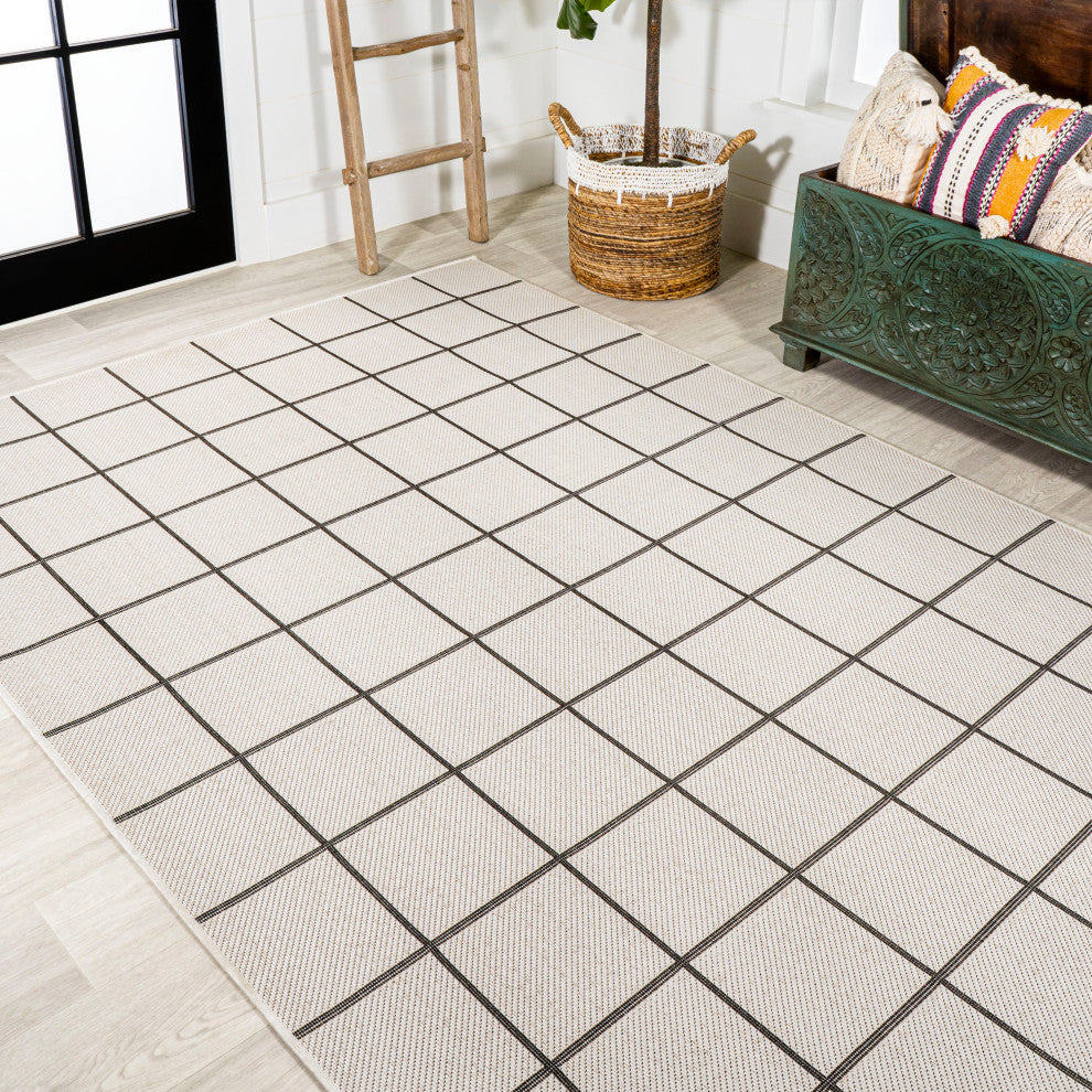 Grid Modern Squares Indoor/Outdoor Area Rug, Cream/Black, 8x10