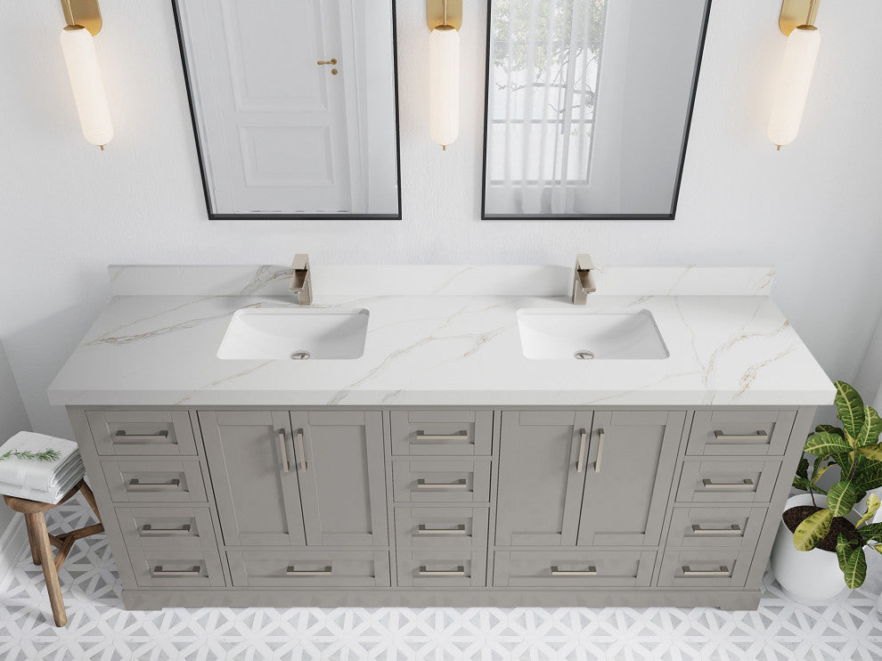 Boston 84" Double Sink Bath Vanity in Elephant Skin Gray 2" Calacatta Sienna