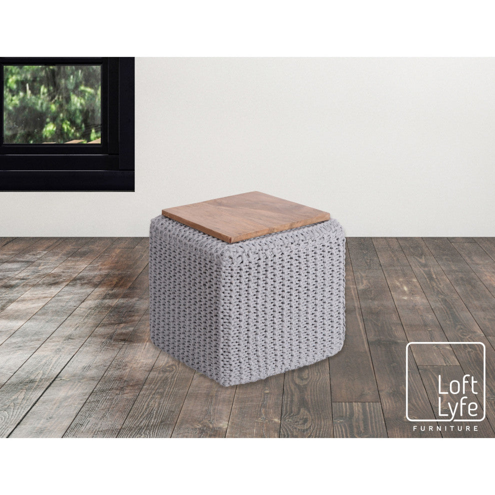 Loft Lyfe Roxy Ottoman, Hand Knitted, Wooden Tray, Cotton Yarn, Light Gray