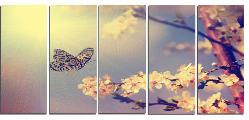 Vintage Butterfly and Cherry Tree, Large Floral Canvas Print, 60"x28", 5 Panels