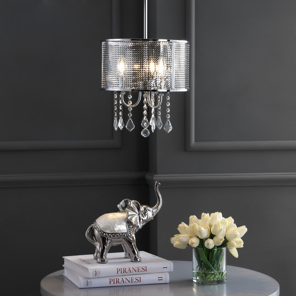 Avah Metal and Crystal Adjustable LED Drop Pendant, Chrome, 13