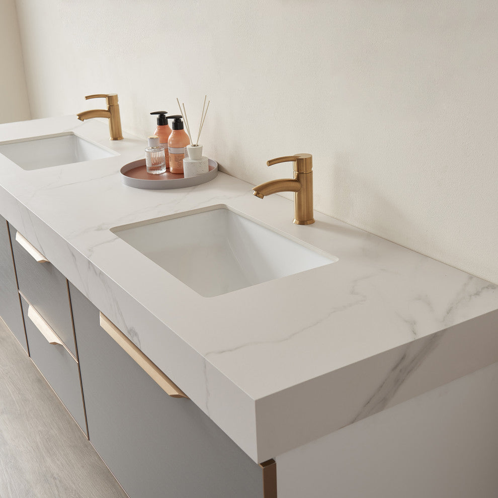 Alicante Vanity With Stone Countertop, Elegant Grey, 84", No Mirror