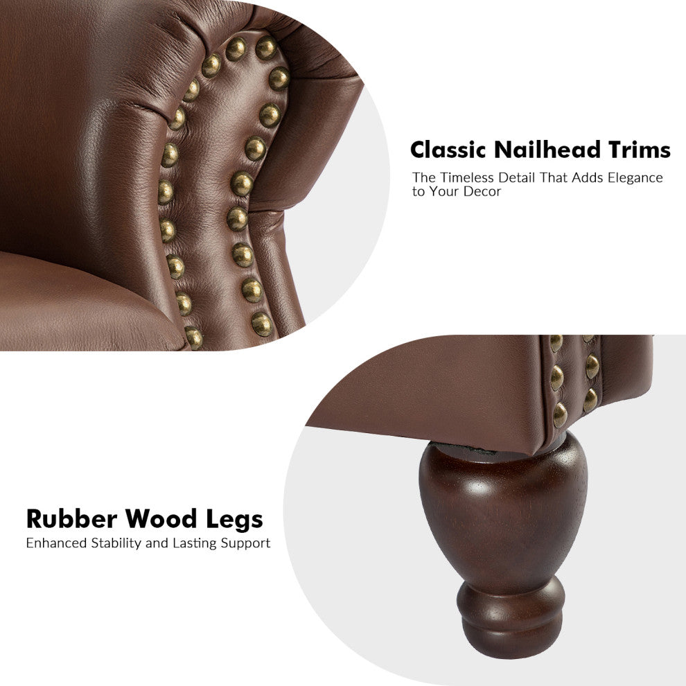 34.5"W Transitional Style Genuine Leather Recliner With Nailhead Trims, Brown