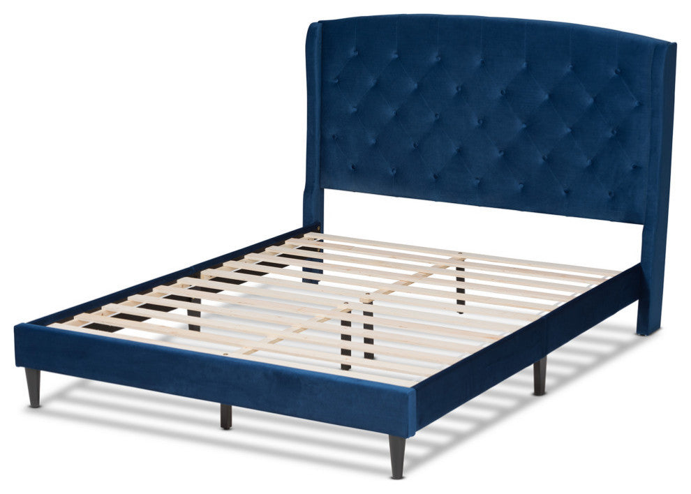 Neda Modern Upholstered Platform Bed, Navy Blue/Dark Brown, King
