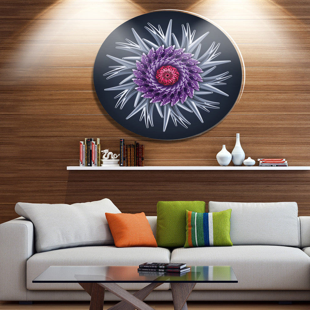 Purple Abstract 3D Flower On Black, Flowers Disc Metal Artwork, 23"