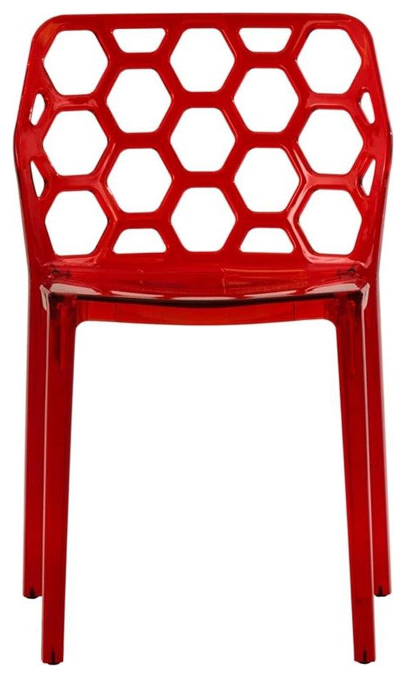 LeisureMod Dynamic Plastic Dining Side Chair Honeycomb Design in Red Set of 4