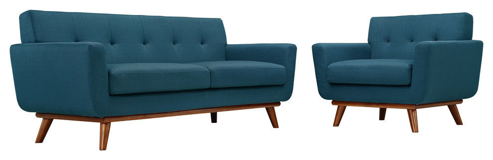 Modern Contemporary Living Room Armchair and Loveseat Sofa, Azure, 2-Piece Set