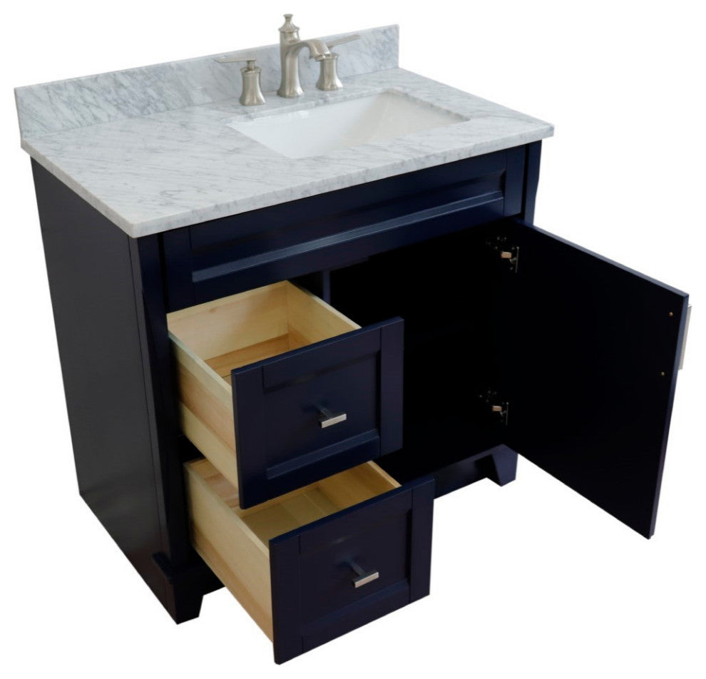 37" Single Sink Vanity, Blue Finish With White Carrara Marble