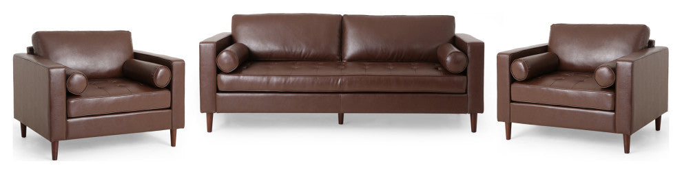Hixon Faux Leather Tufted 3 Piece Sofa and Club Chair Set, Dark Brown + Espresso