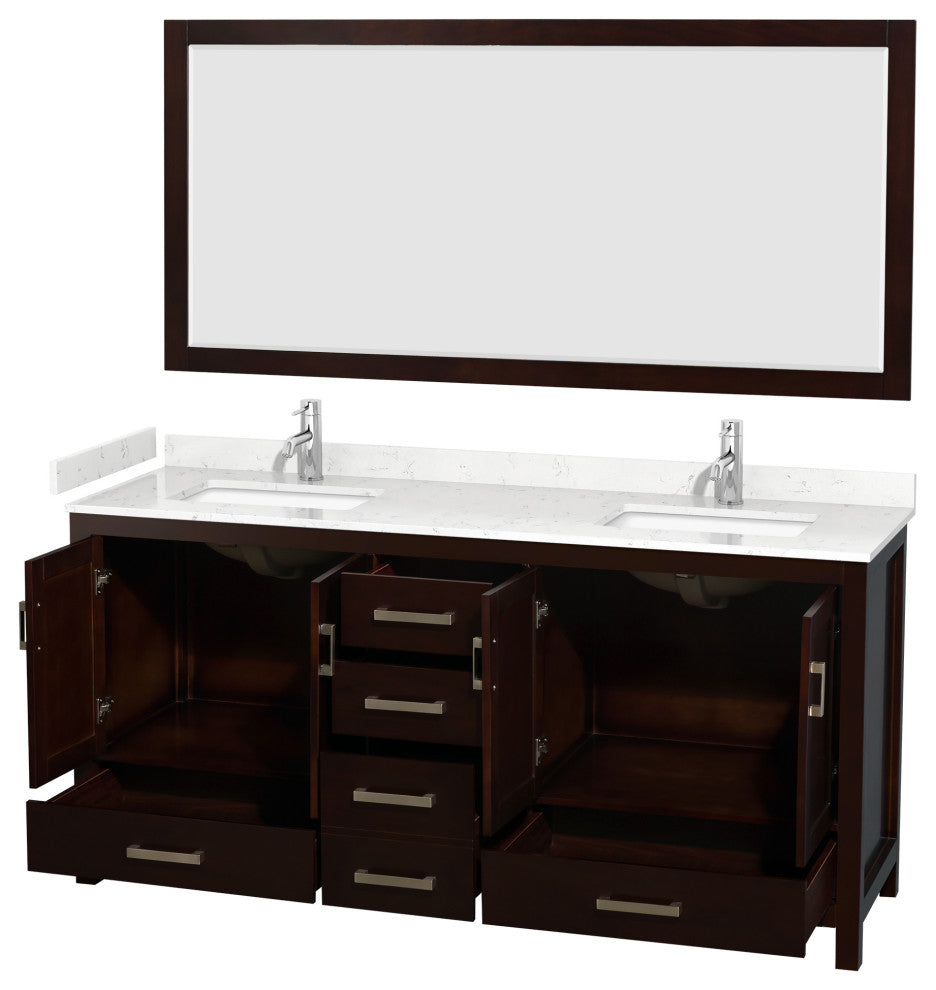 72"DBL Vanity Espresso, Carrara Cult. Marble Countertop, Sinks, 70"Mirror