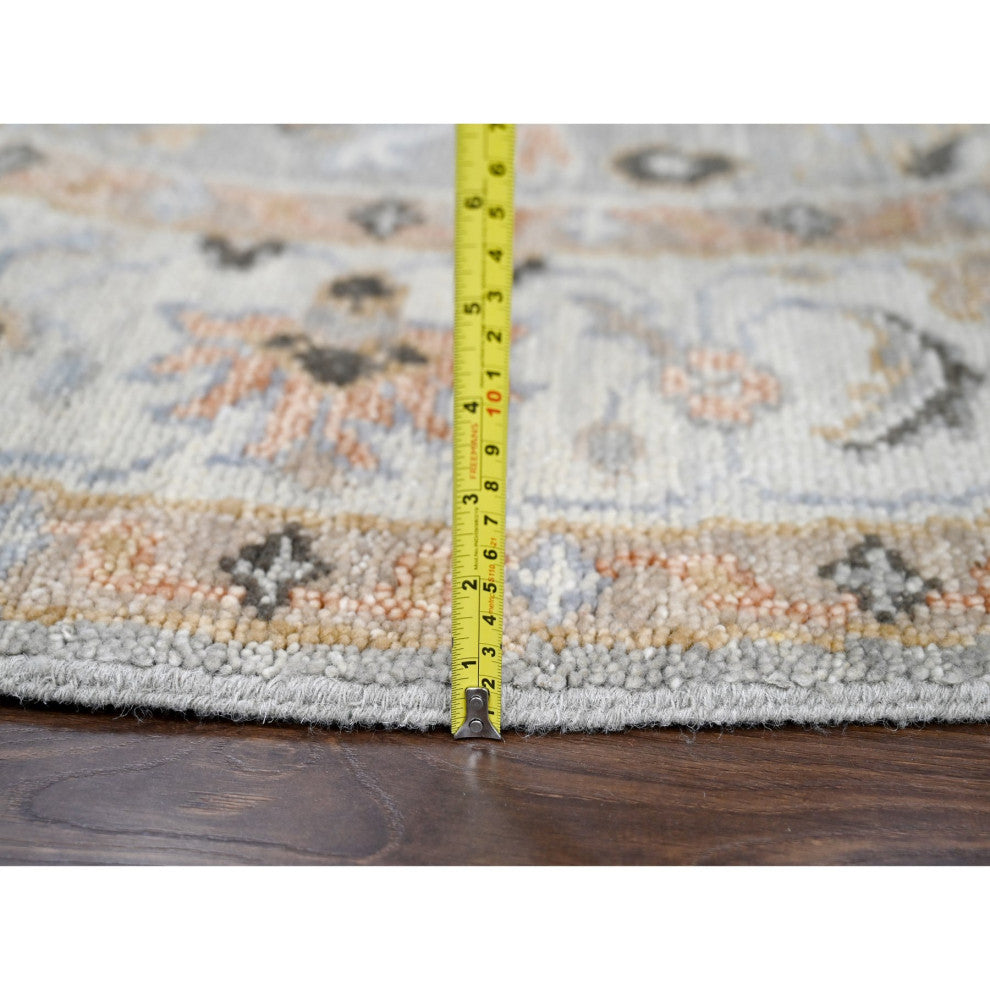 Gray and Ivory, Hand Knotted Oushak Inspired Round Oriental Rug, 7'10"x8'