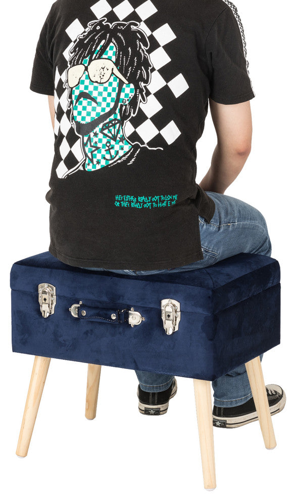19.70" Navy Blue Velvet Upholstered Storage Stool