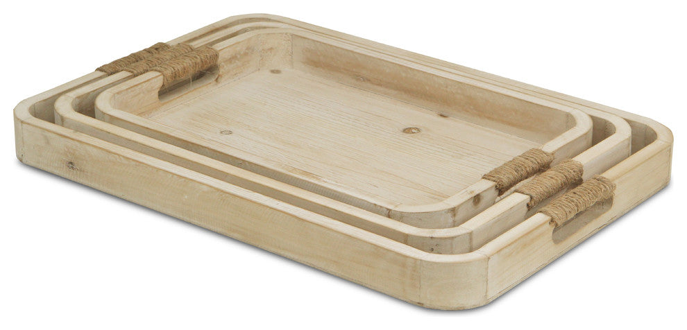 Natural Wood Trays, White Washed, Rope Covered Handles, 3-Piece Set