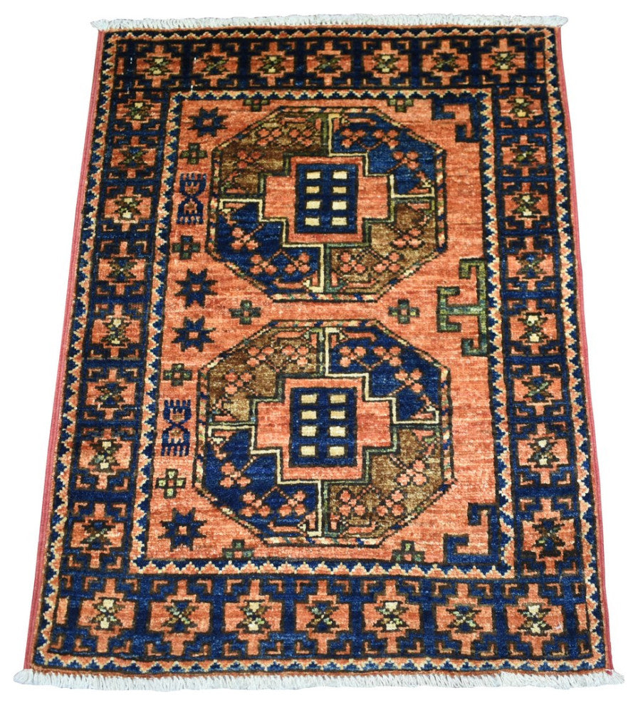 Orange Afghan Ersari with Elephant Feet Desgin Wool Oriental Rug, 2'1" x 3'0"