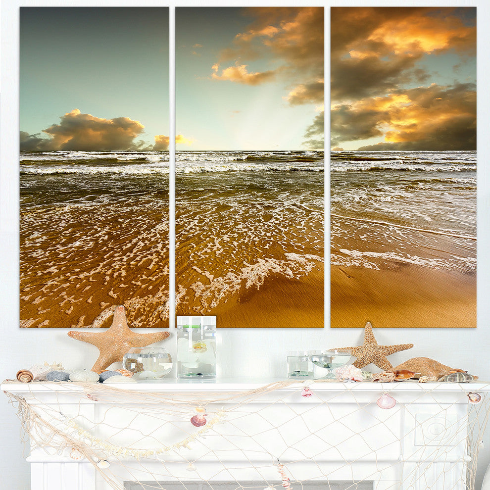 "Brown Tinged Beach and Cloudy Sky" Metal Wall Art, 3 Panels, 36"x28"