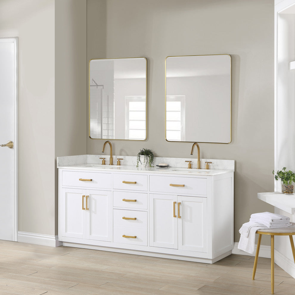 Gavino Vanity With Grain White Composite Stone Top, White/Brushed Gold, 72", No Mirror