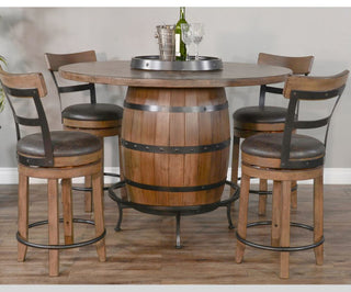 Unique Round 54" Counter Height Rustic Barrel Pub Table Warm Walnut