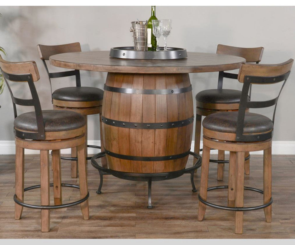 Unique Round 54" Counter Height Rustic Barrel Pub Table Warm Walnut
