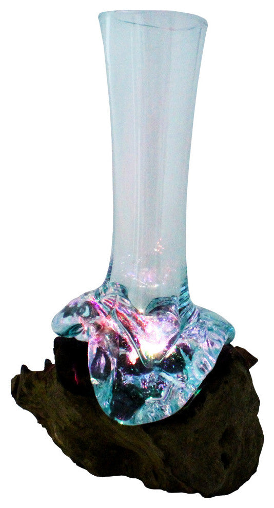 Luminary Molten Glass & Wood Skinny Vase, Approx 10" Tall