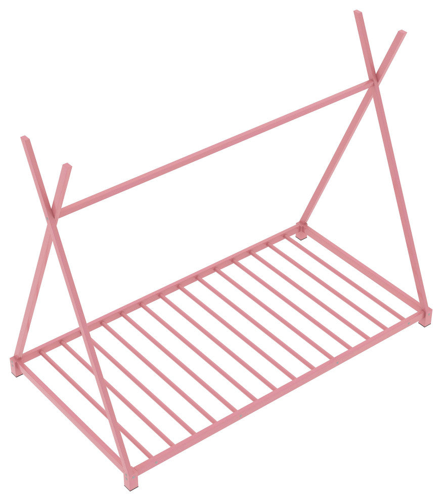 Metal Twin Size House Platform Bed with Triangle Structure, Pink
