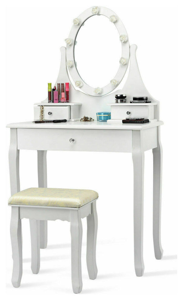 Costway 3 Drawers Bedroom Vanity Makeup Dressing Table Stool Set Lighted Mirror