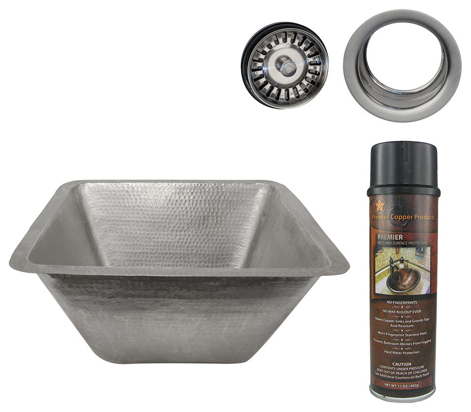 17" Large Square Hammered Copper Bar/Prep Sink, Nickel, Drain & Accessories