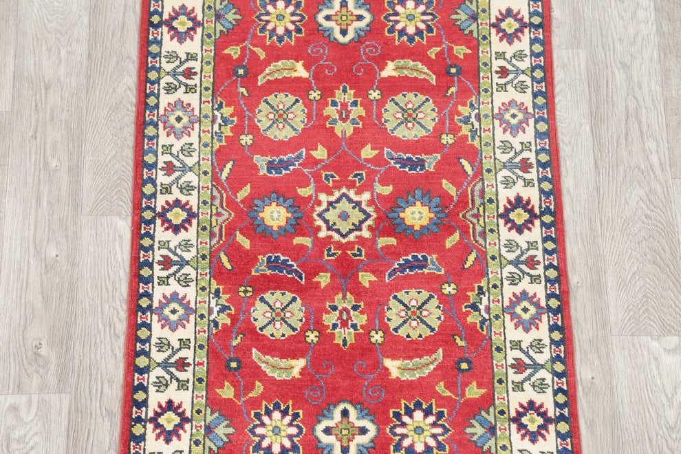 Wool Kazak Oriental Hand Made Pakistani Traditional Runner Rug, Red, 9'10"X2'9"