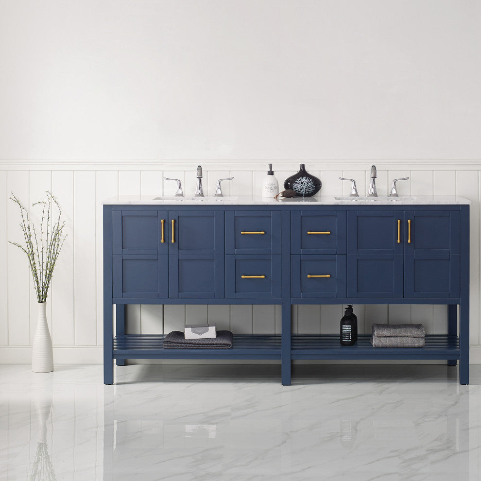 Vinnova Florence 72" Royal Blue Double Vanity W/ Carrara White Marble Countertop