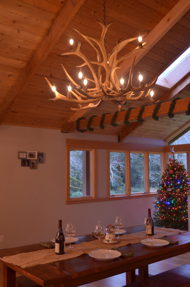 Elk Inverted Deer Antler Chandelier Light, Large, Parchment Shades