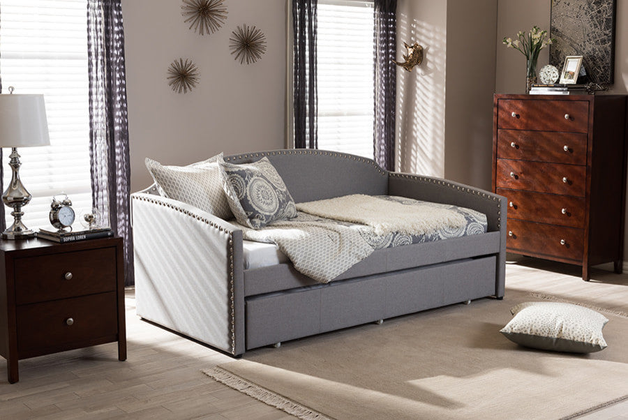 Lanny Linen Nail Heads Arched Back Sofa Twin Daybed With Trundle Bed, Gray