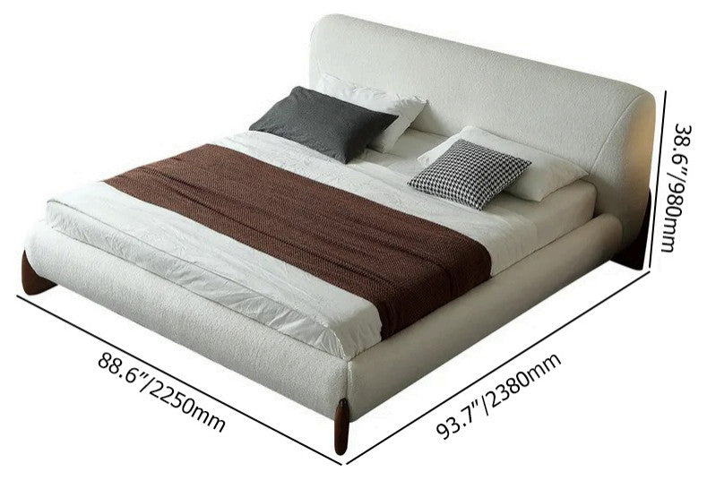 White Boucle Platform Bed King Size Bed Frame with Upholstered Headboard