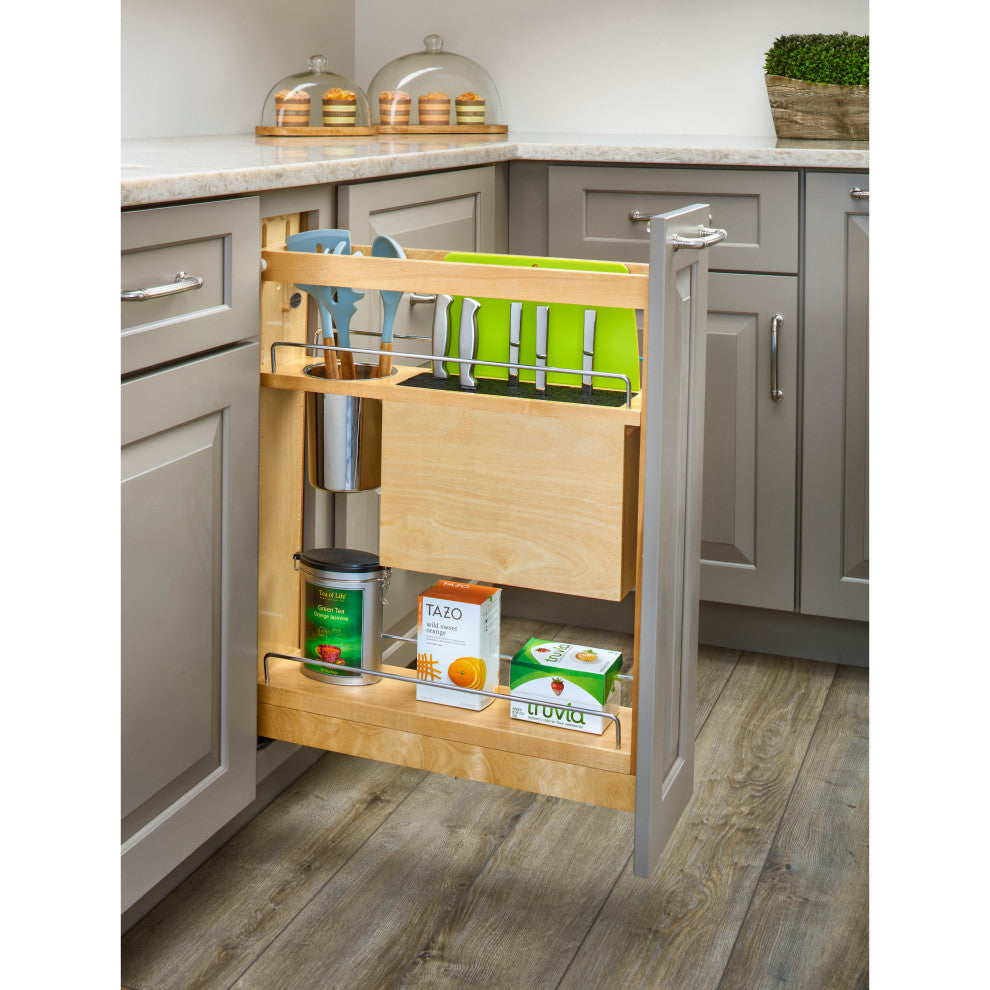 Wood Base Cabinet Knife Block Pull Out Organizer With Soft Close, 6"