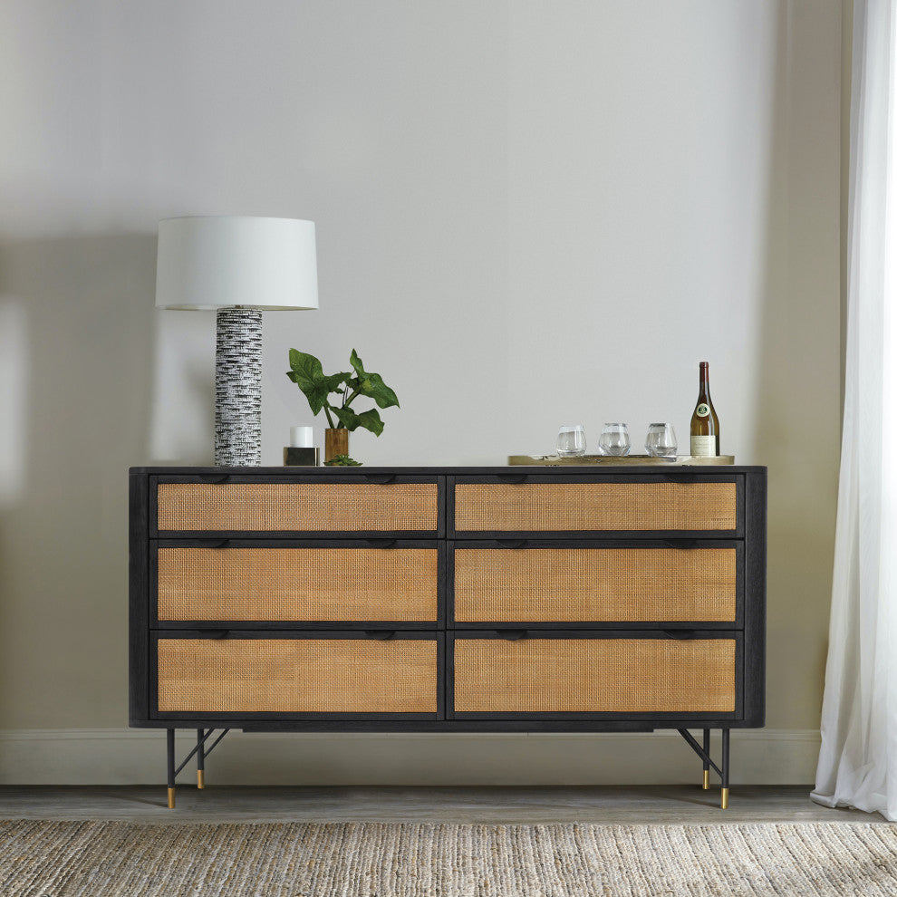 Saratoga 6 Drawer Dresser in Black Acacia with Rattan