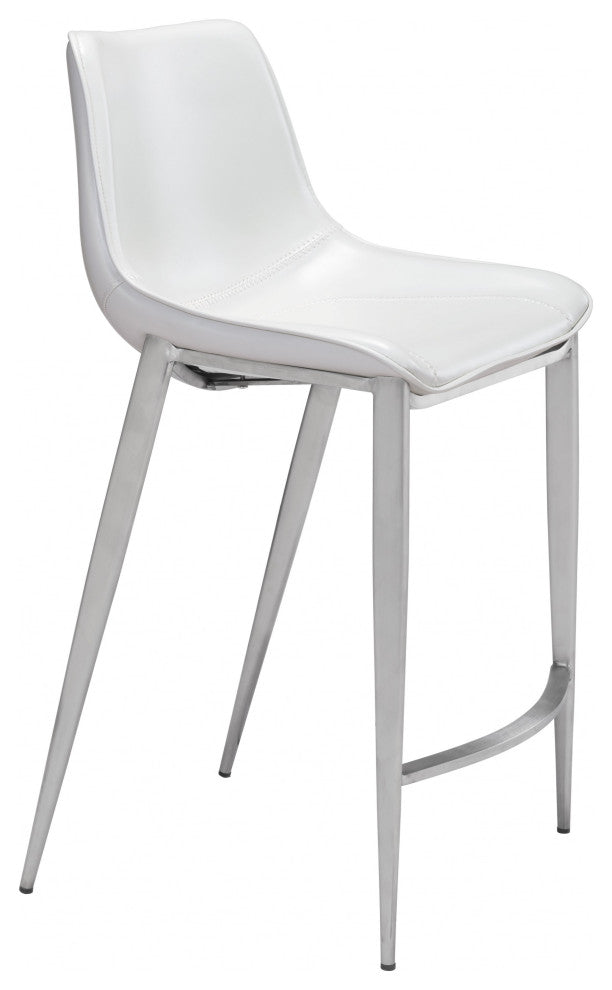 Set of Two White Faux Leather and Steel Modern Stitch Bucket Counter Chairs