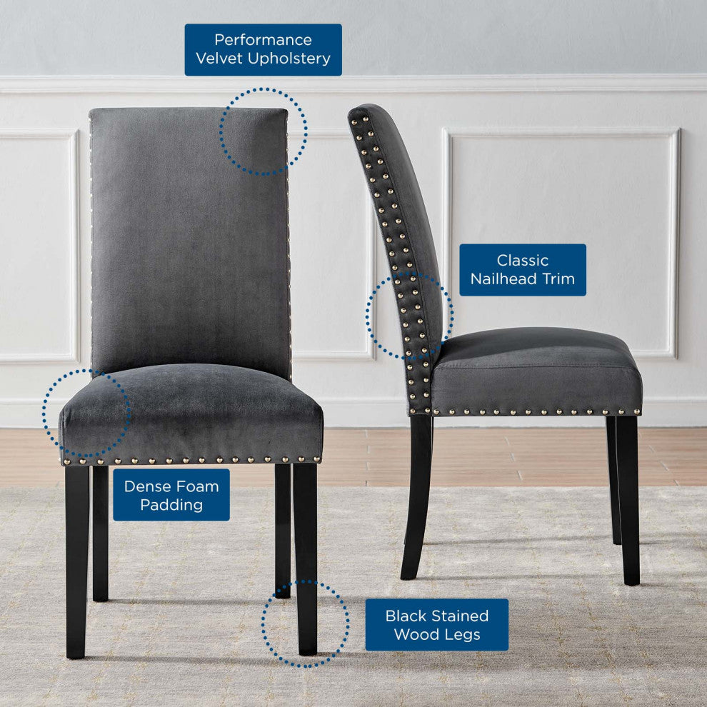 Side Dining Chair, Set of 2, Velvet, Wood, Dark Gray, Modern, Cafe Bistro
